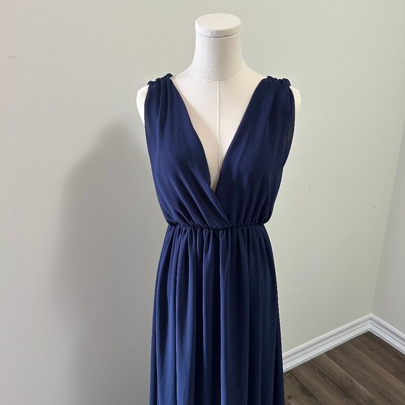 EUC Popygum Navy Blue Plunging Neckline Gala Dress, Wedding Guest Dress, Maxi - Picture 8 of 9